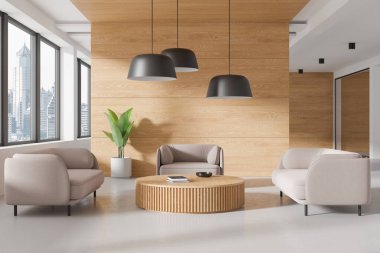 Şık bir şekilde içini bej kanepe, koltuk, toplantı ya da danışma masası ve Bangkok gökdelenlerinin panoramik penceresiyle rahatlat. 3B görüntüleme