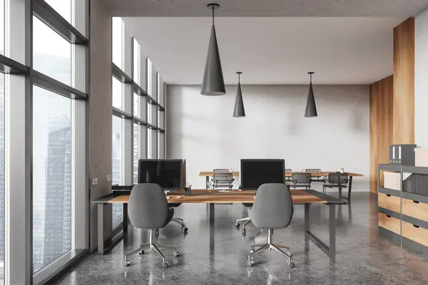 Interno Elegante Ufficio Open Space Con Pareti Legno Bianco Pavimento — Foto Stock