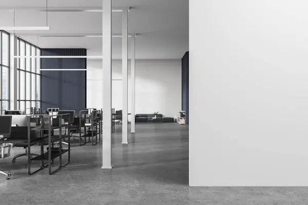 Interno Elegante Ufficio Open Space Con Pareti Bianche Blu Pavimento — Foto Stock