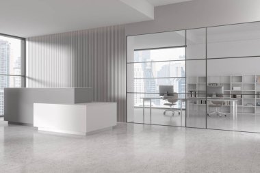 Resepsiyon masası ile iş dünyasının köşesi görünümü, yan görüş işyeri ve sıra sıra dizilmiş bilgisayarları. Gökdelenler üzerinde panoramik pencere olan cam eşzamanlı çalışma alanı. 3B görüntüleme