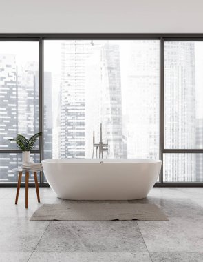 Lüks otel banyosu, banyo küveti, yan masa, fayans beton zeminde ayak havlusu. Modern dairede banyo alanı. Singapur gökdelenlerinin panoramik penceresi. 3B görüntüleme