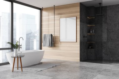 Evin banyo manzarası, banyo küveti, cam duş, havlu korkuluğu ve aksesuarlı raf. Singapur 'da panoramik pencere. Tuvalin posterini hazırla. 3B görüntüleme