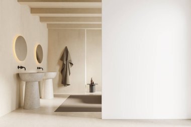 Ev banyosu, çift katlı lavabo, iki yuvarlak ayna ve aksesuarlı masa, havlu. Boş duvar bölümlerini kopyala. 3B görüntüleme