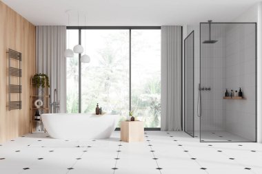 Modern banyo, beyaz ve ahşap duvarlar, fayanslı zemin, rahat beyaz küvet ve cam duvarlarla dolu duşta yürümek. 3d oluşturma