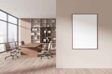 Sandalye, masa, ahşap döşemeli modern bir konferans. Singapur gökdelenlerinde şık mobilyaları ve panoramik pencereleri olan bir buluşma yeri. Model uzay tuvali posteri. 3B görüntüleme