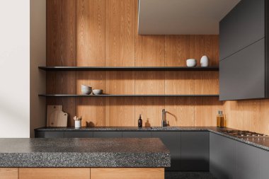 Şık ahşap ev mutfağı, bar adası, granit tezgah, lavabo ve mutfak gereçleri olan karanlık dolap. Modern dairede lüks yemek pişirme alanı. 3B görüntüleme