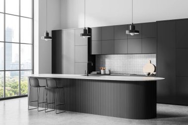 Bar adası, tabure ve aydınlık beton zemin ile ev mutfağı manzarası. Bangkok gökdelenlerinde dolap ve panoramik pencereli modern yemek alanı. 3B görüntüleme