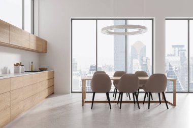 Beyaz ve ahşap mutfak masası, sandalyeler, yemek dolabı rafları ve mutfak gereçleri. Bangkok gökdelenlerinin panoramik penceresi. 3B görüntüleme