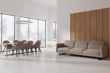 Oturma odası manzarası, yemek masası ve sandalyeler beton zeminde bej kanepe. Bangkok gökdelenlerinin panoramik penceresi. 3B görüntüleme