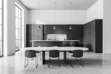 Bar tezgahı ve yemek masası, mutfak gereçleri ve rafları olan şık bir ev mutfağı. Gökdelenlerde panoramik pencereli yemek ve pişirme alanı. 3B görüntüleme