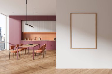Renkli ev mutfağı. Yemek masası, sandalyeler, ahşap döşeme. New York gökdelenlerinde panoramik pencereli pembe yemek dolabı. Bölümdeki tuval posterini taklit et. 3B görüntüleme