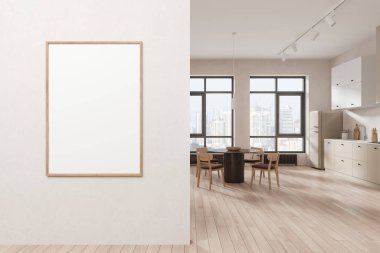 Bej ev mutfağı. Yemek masası, sandalyeler, ahşap döşeme. Yemek dolabı ve gökdelenlerin panoramik penceresi. Bölümdeki tuval posterini taklit et. 3B görüntüleme