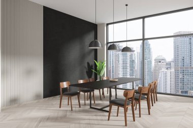 Oturma odasının köşesinde masa ve sandalyeler, ahşap zemin. Bangkok gökdelenlerinde panoramik pencereli şık bir toplantı ya da oturma odası. 3B görüntüleme