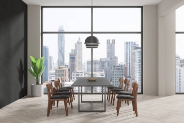 Şık bir oturma odası. Masası, koltukları, ahşap zemini var. Bangkok gökdelenlerinde panoramik pencereli şık bir toplantı ya da oturma odası. 3B görüntüleme