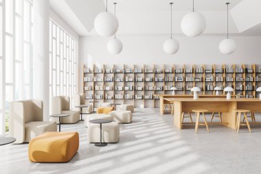 Beyaz minimalist kütüphanenin içi kanepe ve puf, taburesi olan ahşap masa ve sıralı kitaplarla dolu. Bangkok 'ta panoramik pencere. 3B görüntüleme