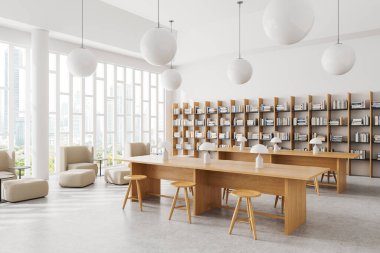 Minimalist kütüphanenin iç manzarası kanepe ve puf, tabureli ahşap masa ve sıra sıra kitaplarla dolu kitaplık. Bangkok gökdelenlerinin panoramik penceresi. 3B görüntüleme