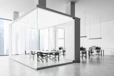 Ofis manzarası, cam konferans odası, masa, koltuklar ve bilgisayarlarla birlikte çalışma alanı. Singapur gökdelenlerinin panoramik penceresi. 3B görüntüleme