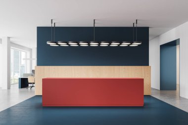 Ofis resepsiyonunda kırmızı masa, bilgisayarlarda sıra, beton zemin. Gökdelenlerin panoramik penceresi. İş yeri ortaklığı, kayıt ve kayıt yeri. 3B görüntüleme