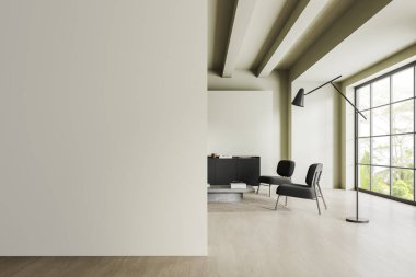 İki koltuk ve kahve sehpası, sanat dekorasyonu ve kitapları olan siyah büfe, tropiklerde panoramik pencere. Model boş duvar bölmesi. 3B görüntüleme