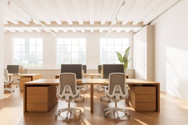 Koltuklar, bilgisayar ve ahşap döşeme ile birlikte çalışan şık bir iç mekan. Çekmeceli minimalist ofis çalışma alanı, Bangkok gökdelenlerinde panoramik pencere. 3B görüntüleme
