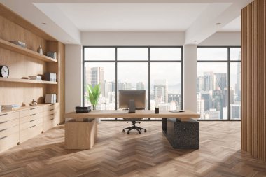 Bilgisayarlı modern ofis içi masa, ahşap zeminde koltuk. Kuala Lumpur gökdelenlerinde panoramik penceresi olan şık bir danışma odası. 3B görüntüleme
