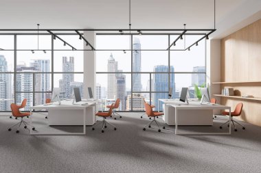 Bilgisayarları ortak masada, halısı yerde olan modern ofis içi. Bangkok gökdelenlerinde panoramik pencereli lüks çalışma alanı. 3B görüntüleme