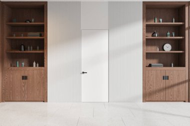 Beyaz görünmez kapısı ve beton zemini olan modern otel banyosu. Ahşap raflar, aksesuarlar, dekorasyon modern apartman daireleri. 3B görüntüleme