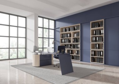 Masasında dizüstü bilgisayarı, halıda koltuğu ve beton zemini olan CEO 'nun köşesi. Tropik manzarada rafı ve panoramik penceresi olan modern danışmanlık çalışma alanı. 3B görüntüleme