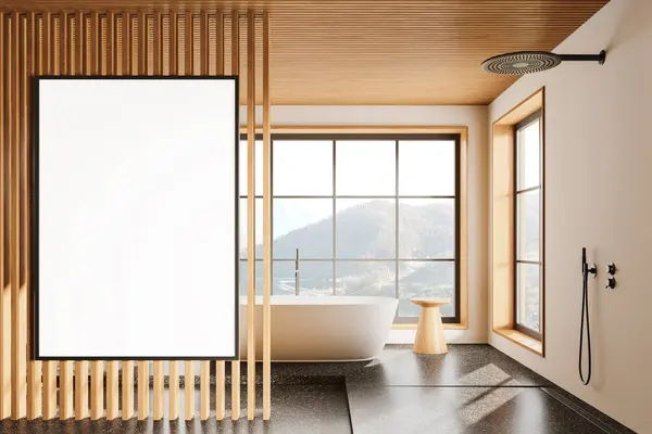 米色酒店浴室内部有浴缸和淋浴间 餐桌配件和全景窗口在农村 在木墙隔板上刷上帆布 3D渲染 — 图库照片