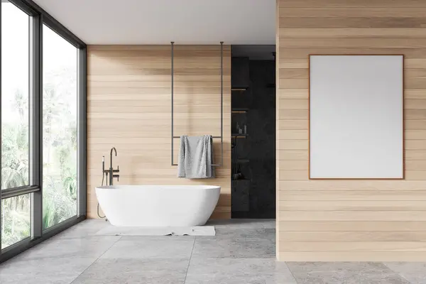 Wooden Hotel Bathroom Interior Bathtub Shower Towel Rail Shelf Accessories — Stock Photo, Image