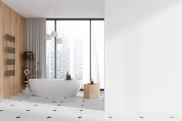 Interior Elegante Cuarto Baño Con Paredes Blancas Madera Suelo Baldosas —  Fotos de Stock