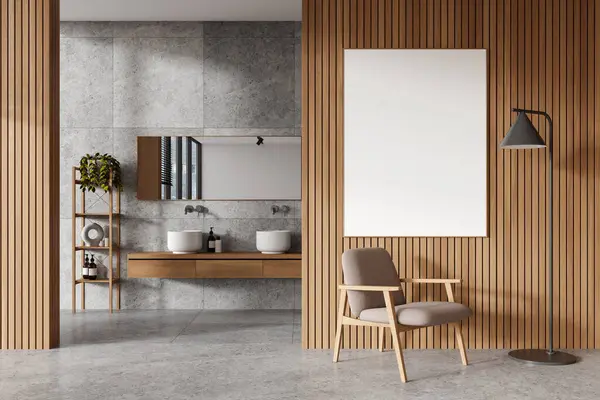 Interior Banheiro Moderno Com Paredes Cinza Madeira Piso Concreto Confortável — Fotografia de Stock