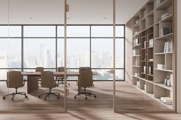 Modernes Besprechungsinterieur Mit Sesseln Und Konferenztisch Regal Mit Dekoration Und — Stockfoto
