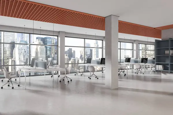 Angolo Moderno Ufficio Open Space Con Pareti Bianche Arancioni Pavimento — Foto Stock