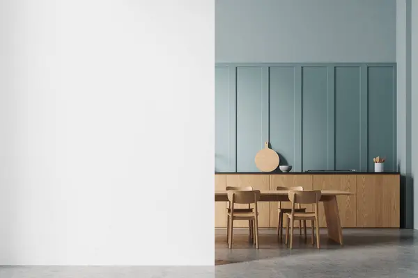 食卓と椅子を食べるブルーの家庭用キッチンインテリア キッチン用品付きの木製キャビネット モダンなアパートで調理と食事スペース 空の壁のパーティションをモックアップします 3Dレンダリング — ストック写真