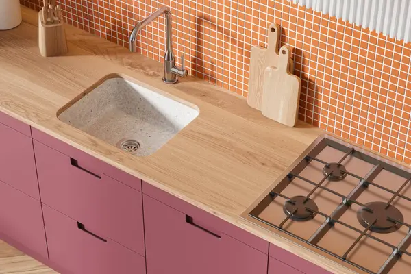 Vista Superior Cozinha Interior Rosa Casa Com Armário Cozinha Fogão — Fotografia de Stock
