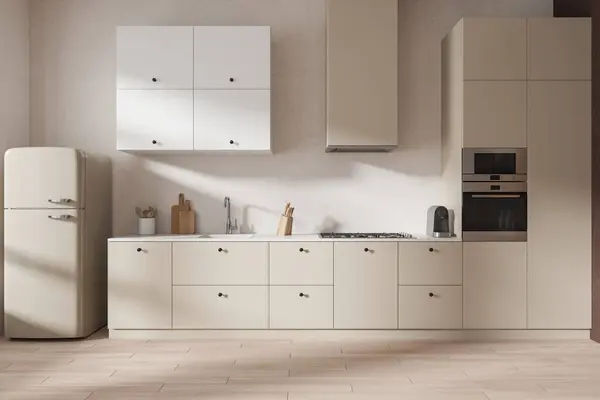 时尚经典的家庭厨房内部与水槽和煤气炉 冰箱和架子与厨房用具 现代公寓中的米色简约烹调空间 3D渲染 — 图库照片