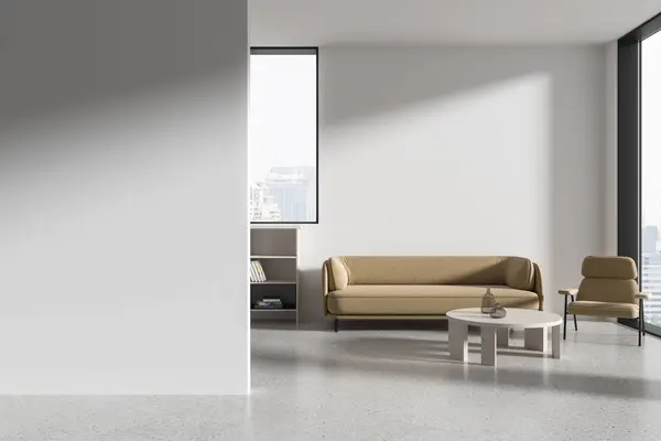 Minimalist business interior with sofa and armchair, shelf and coffee table with decoration. Panoramic window on skyscrapers. Mockup copy space empty wall partition. 3D rendering