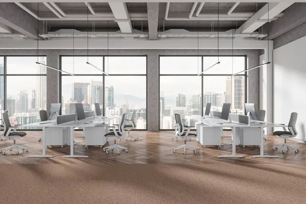 Interno Moderno Ufficio Open Space Con Pavimento Legno Finestra Panoramica — Foto Stock