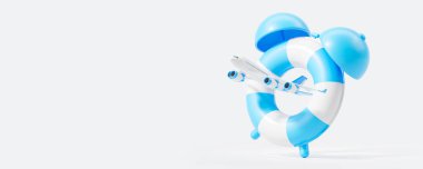 Beyaz ve mavi alarmlı saatin beyaz fotokopi arkaplanı üzerinde uçağın görüntüsü. Seyahat ve tatil için zaman kavramı. 3d oluşturma