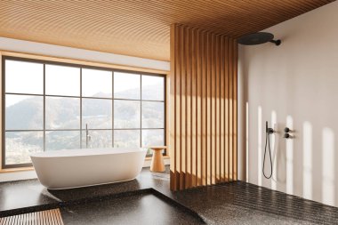 Modern banyonun köşesinde beyaz ve ahşap duvarlar, taş zemin, dağ manzaralı büyük pencerenin yanında duran rahat beyaz küvet ve duşta rahat bir yürüyüş. 3d oluşturma