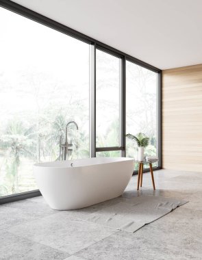 Modern banyonun köşesinde ahşap duvarlar, fayanslı zemin ve panoramik pencerenin yanında duran rahat beyaz küvet tropikal manzaralı. 3d oluşturma