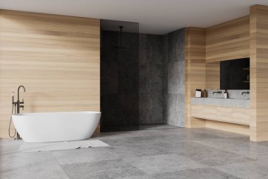 Gri ve ahşap duvarları olan şık bir banyonun köşesi, fayansla döşenmiş zemin, rahat beyaz bir küvet, duşta rahat bir yürüyüş ve üzerinde büyük bir yatay ayna olan çift lavabo. 3d oluşturma