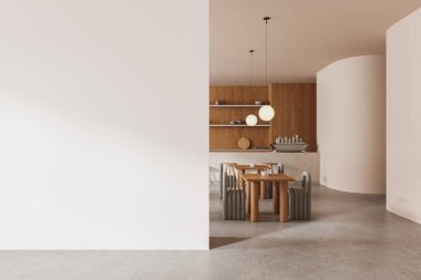 İçinde yemek masaları ve sandalyeler olan modern bir kafe, kahve makinesi olan bir bar tezgahı. Minimalist restoranda yemek ve yemek alanı. Boş duvar bölmesini düzenle. 3B görüntüleme