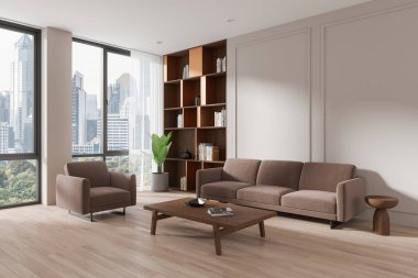 Minimalist oturma odası kütüphanesinin köşesinde rahat bej kanepe, koltuk, sehpa ve kitaplık var. Şehir penceresi ve ahşap zemin. Beyaz duvarlar. Rahatla ve rahatla. 3d oluşturma