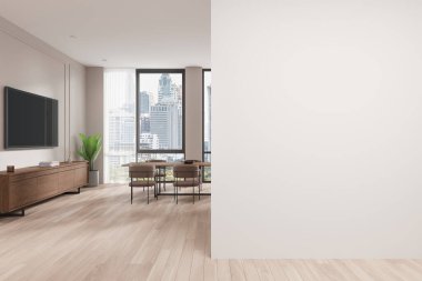 Beyaz ve bej yemek odasının içi ahşap döşeme, bej duvarlar, ufuk çizgisi olan pencere ve şifoniyerin üzerinde asılı olan duvara monte edilmiş televizyon. Beyaz ve bej oturma odasının içi. 3d oluşturma