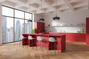 Kırmızı dolaplı modern mutfak iç tasarımı, şehir manzaralı arka plan, ahşap döşeme, kentsel ev kavramı. 3B Hazırlama