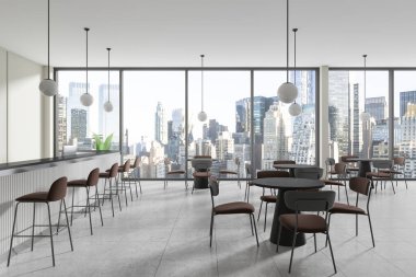 Arka planda panoramik şehir manzaralı modern kafe, parlak ışık. 3B Hazırlama