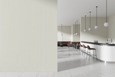 Boş duvarı, modern mobilyaları ve kolye ışıkları olan modern bir kafe. Model mekan kavramı. 3B Hazırlama