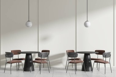 Siyah masalı, kahverengi sandalyeli, kolye lambalı modern minimalist kafe, sade bir arka planda, şık bir lokanta konsepti. 3B Hazırlama